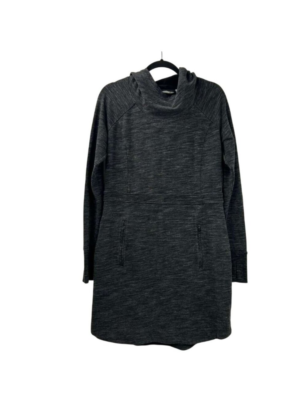 Athleta Women's Large Hooded Long Sleeve Tunic Dress Black Heathered Cowl Neck - Picture 2 of 15